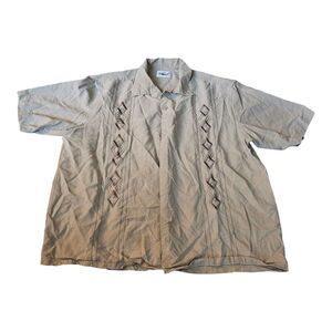 Good Life Shirt Mens L Button Up Beige Stripe Golf Hawaiian Short Sleeve